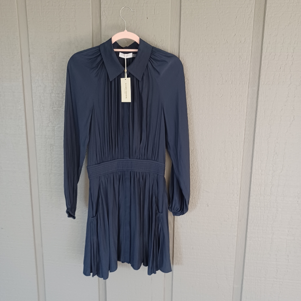 Ramy Brook Nash Long Sleeve Mini Dress Size M Women Feminine Button Pockets Navy